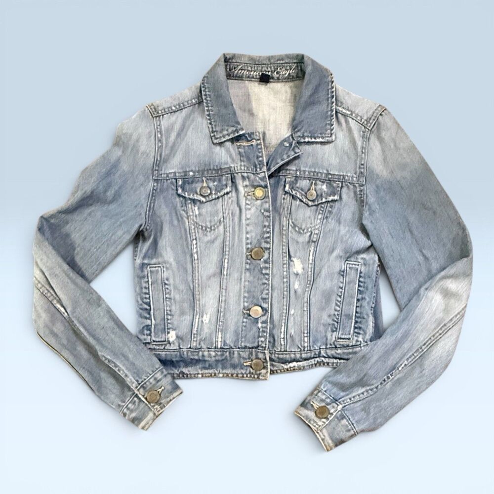 Vintage American Eagle Cropped Jean Jacket Women's M Light Wash Distressed Denim